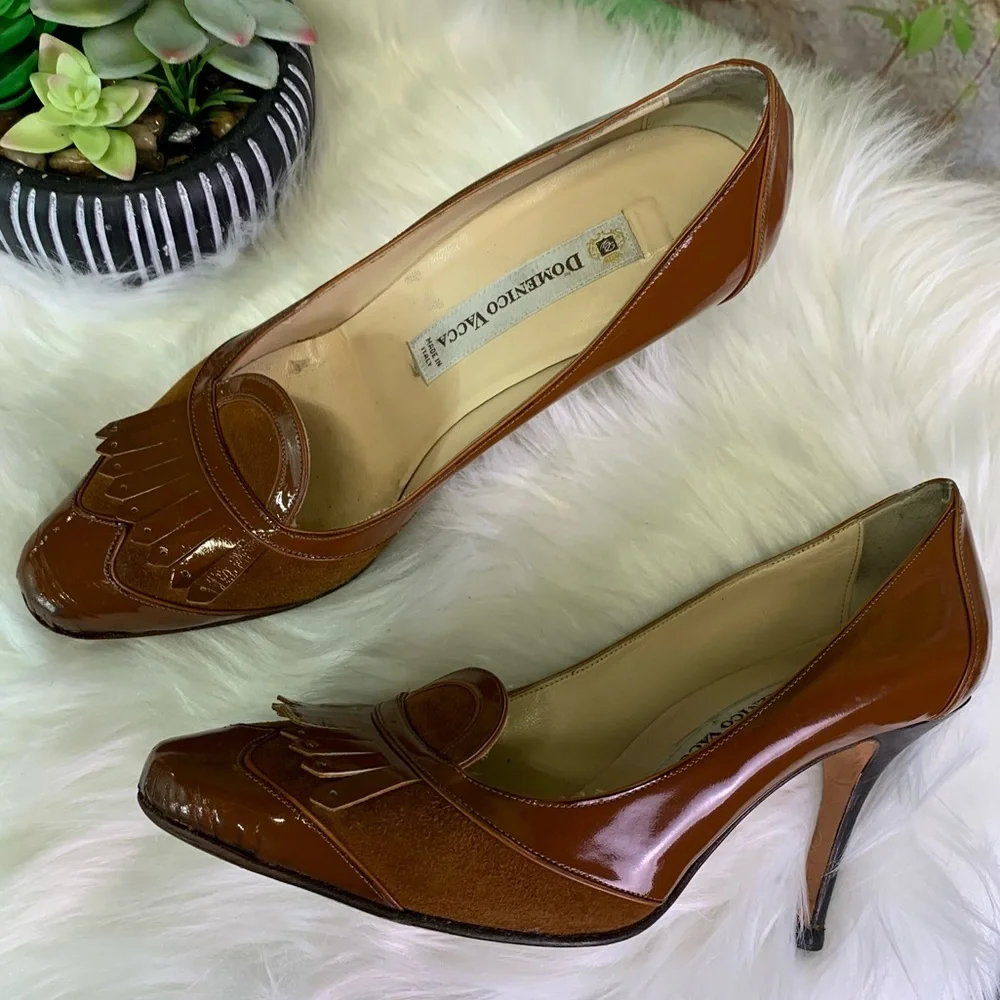DOMENICO VACCA Italian Made Suede and Leather Burnt Caramel Kiltie Pumps, 38